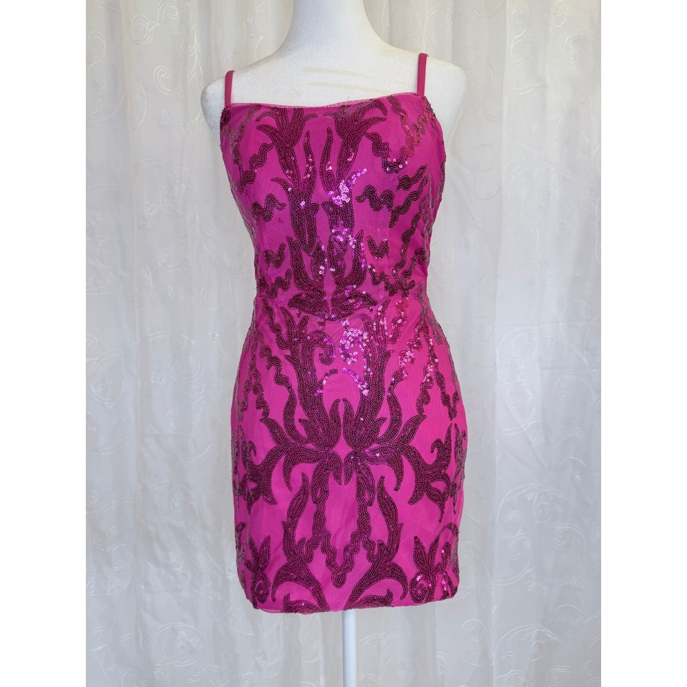 Hot Pink Sequin Damask Mini Dress Sleeveless Bodycon Party Cocktail Size 0